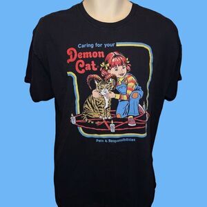 Steven Rhodes Caring For Your Demon Cat Black Graphic T-shirt Adult XL #119